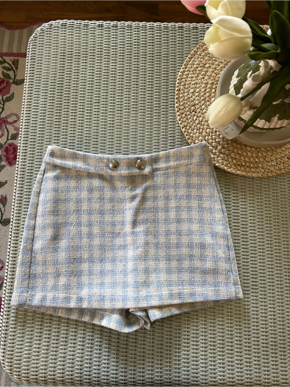 Light Blue & Cream Plaid Tweed Skort